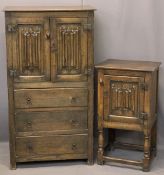 REPRODUCTION OAK LINENFOLD CARVED TALLBOY and a single door bedside cabinet, antique peg joined