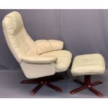 STRESSLESS STYLE SWIVEL/RECLINING ARMCHAIR with matching foot stool, cream leather/PVC, 102cms H,
