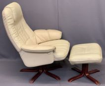STRESSLESS STYLE SWIVEL/RECLINING ARMCHAIR with matching foot stool, cream leather/PVC, 102cms H,