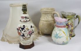 MASONS TABLE LAMP WITH SHADE and three decorative jugs