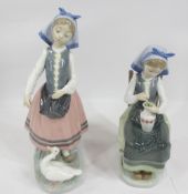 LLADRO FIGURES (2) - Girl with a goose and girl sat with a vase, 26cms H the tallest