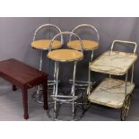 MODERN BAR STOOLS (3), mahogany effect box seat piano stool and a vintage marbled effect drinks