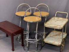 MODERN BAR STOOLS (3), mahogany effect box seat piano stool and a vintage marbled effect drinks