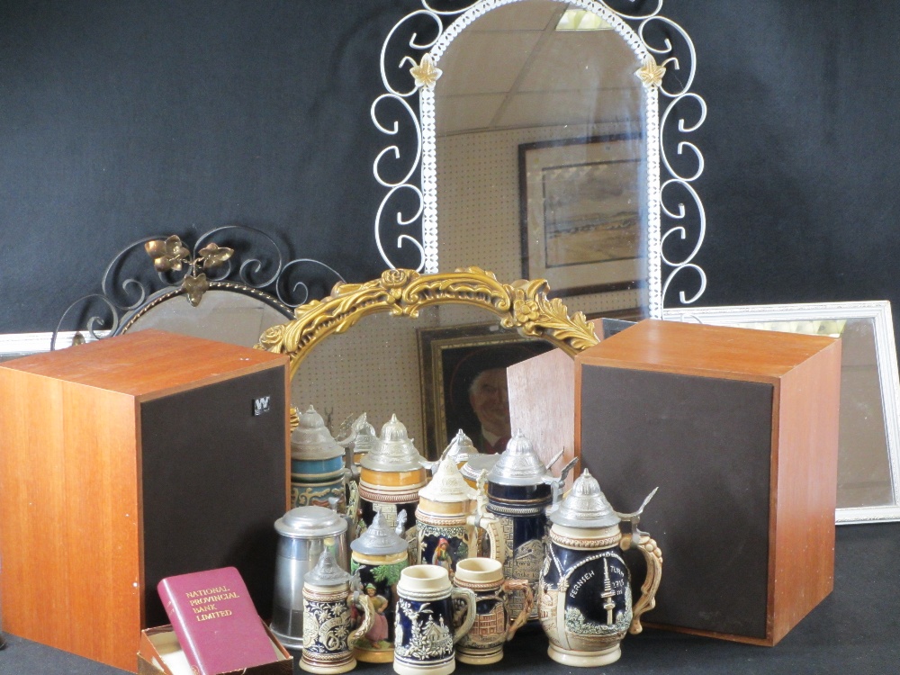 MIRRORS - one gilt and three others, Wharfdale speakers (2), a box of drinking steins and a National