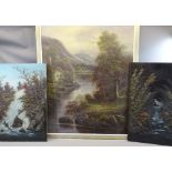J HALL oil on canvas - Alpine scene and lodge at riverside, signed, 96 x 69cms and a pair of