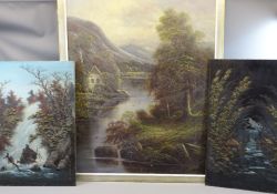 J HALL oil on canvas - Alpine scene and lodge at riverside, signed, 96 x 69cms and a pair of