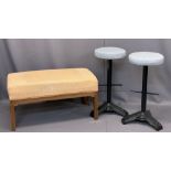 UPHOLSTERED TOP DUET STOOL and two cast iron upholstered top bar stools, 46cms H, 92cms W, 46cms D