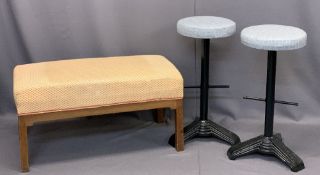 UPHOLSTERED TOP DUET STOOL and two cast iron upholstered top bar stools, 46cms H, 92cms W, 46cms D