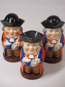 ROYAL WORCESTER TOBY JUGS, A PAIR - Jolly Drinker, circular based with hats as lids, 14.5cms H, pink