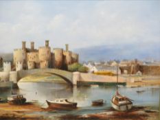 B KNIGHT oil on canvas - a fine depiction of Conwy Castle, Bridge and River with boats in the