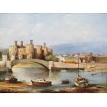 B KNIGHT oil on canvas - a fine depiction of Conwy Castle, Bridge and River with boats in the