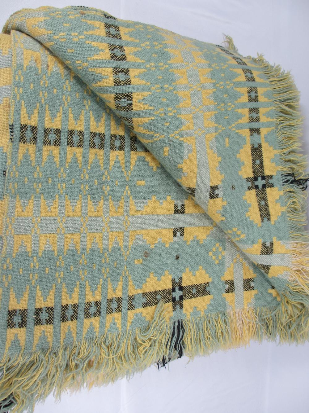 TRADITIONAL WELSH WOOLLEN BLANKET - ground yellow with greens and black, tasselled ends, 207 x - Image 2 of 2