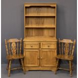 NEATLY PROPORTIONED MODERN PINE EFFECT DRESSER and two spindle farmhouse chairs, 173cms H, 91cms