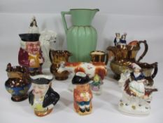 STAFFORDSHIRE FLATBACKS, Toby jugs, copper lustre, Anglesey jug, 33cms H, ETC