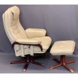 STRESSLESS STYLE SWIVEL/RECLINING ARMCHAIR and matching foot stool, leather/PVC, 102cms H, 75cms