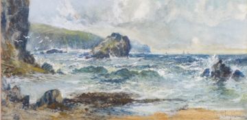 HUGHES CLAYTON watercolour - North Wales coastal scene with rough seas and yachts in the background,