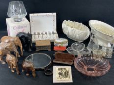 ECLECTIC ASSORTMENT including an early Beatles photograph copy, carved treen elephants, jewellery