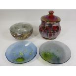 ART GLASSWARE PAIR OF IRIDESCENT PLATES - 16cms D, lidded lustre vase, 18cms H and a bowl by Gozo,