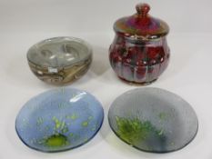 ART GLASSWARE PAIR OF IRIDESCENT PLATES - 16cms D, lidded lustre vase, 18cms H and a bowl by Gozo,