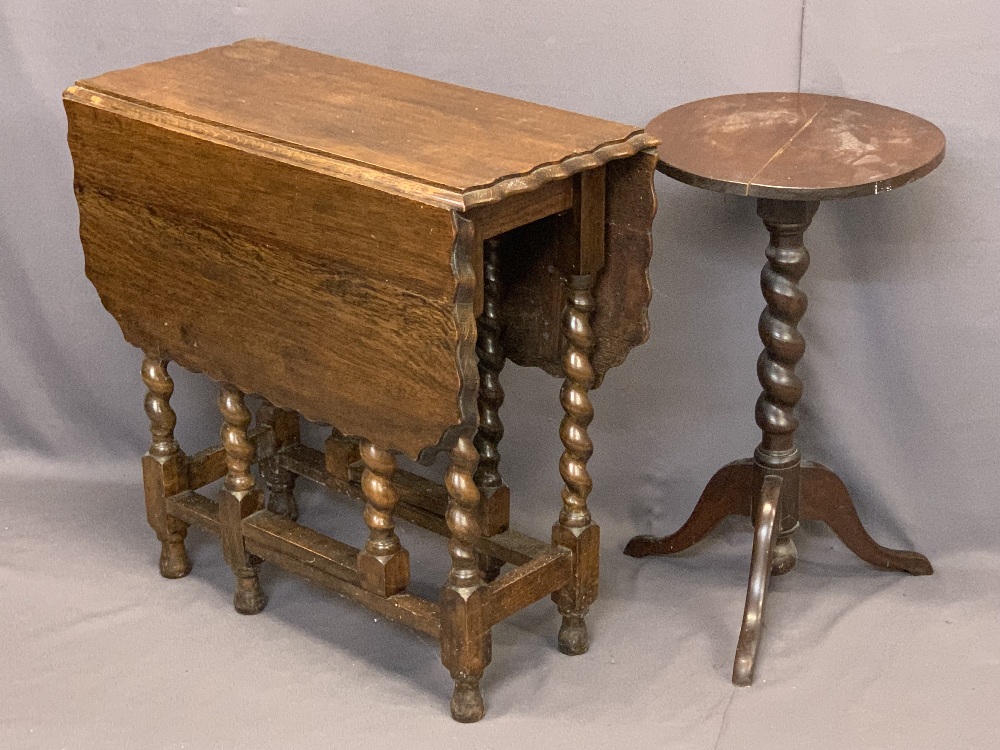 OAK BARLEY TWIST GATELEG TABLE with piecrust edge and a circular top tripod table with barley