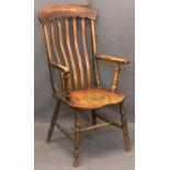 VICTORIAN FARMHOUSE ARMCHAIR - with shaped ribs to the back on turned arm and under tier supports,