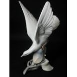 LLADRO - a seabird with spread wings alighting on a tree base, 27cms H