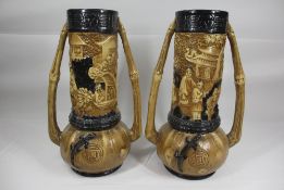 BRETBY TWIN HANDLE VASES, A PAIR with Chinese themed scenes, 36cms H