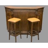 PRIORY STYLE OAK BAR and two Jaycee bar stools, the open back bar with lower twin cupboard doors