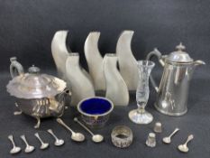 SILVER FOOTED & GLASS TULIP VASE, silver and condiment spoons and thimbles. Also, modern designer