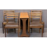 MID-CENTURY G PLAN TEAK DINING TABLE & FOUR CHAIRS - 73cms H, 91cms L, 30.5cms W closed and 82.