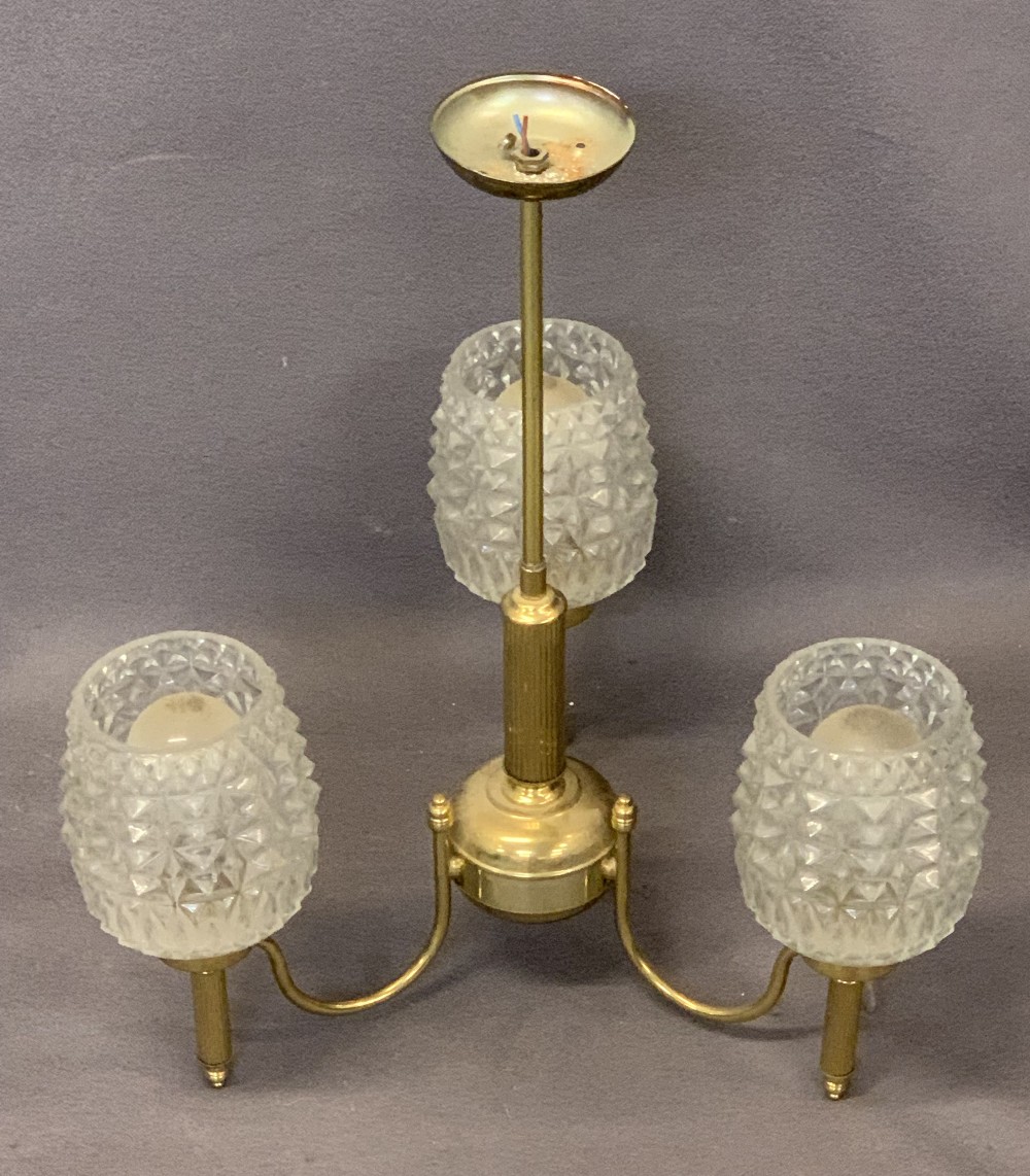 MID-CENTURY BRASS EFFECT THREE BRANCH CEILING LIGHT FITTINGS (3) - each having three raised - Image 3 of 5