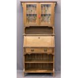 ARTS & CRAFTS STYLE VINTAGE OAK BUREAU BOOKCASE the glazed twin door upper section with leaded and