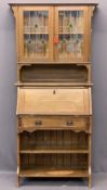 ARTS & CRAFTS STYLE VINTAGE OAK BUREAU BOOKCASE the glazed twin door upper section with leaded and