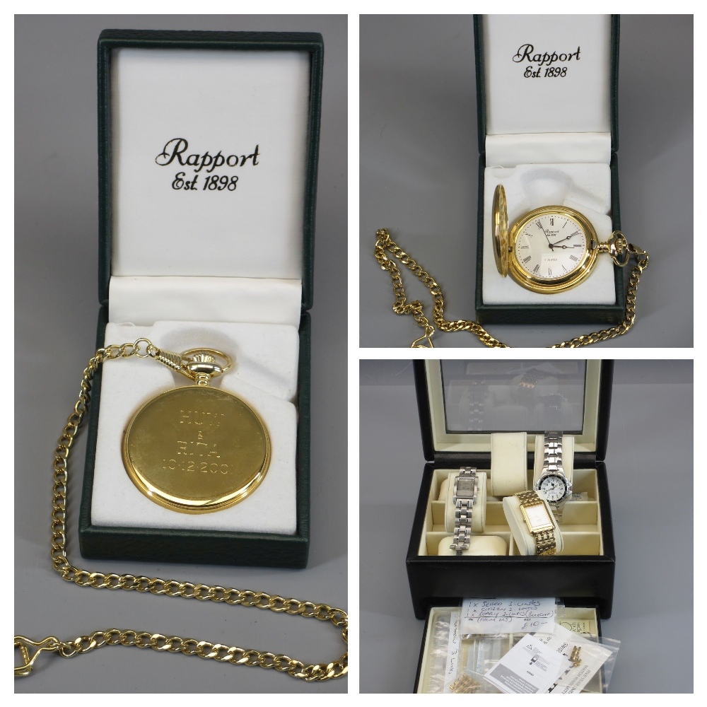 A MODERN RAPPORT ROLLED GOLD POCKET WATCH & ALBERT (little used) and inscribed 'Huw & Rita 10/12