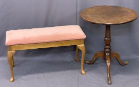ANTIQUE OAK TILT TOP TRIPOD TABLE and a modern upholstered top box seat duet piano stool, 71cms H,