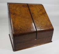 ANTIQUE WALNUT STATIONERY BOX with compartmented interior and date cards, 30cms H, 32.5cms W,