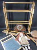 ASSORTED VINTAGE ITEMS to include a washboard, porcelain headed doll, mantel clock, bed warming pan,
