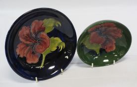 MOORCROFT HIBISCUS BOWL & A PLATE - 5cms H, 14.5cms diameter, green ground and 19cms diameter on a