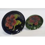 MOORCROFT HIBISCUS BOWL & A PLATE - 5cms H, 14.5cms diameter, green ground and 19cms diameter on a