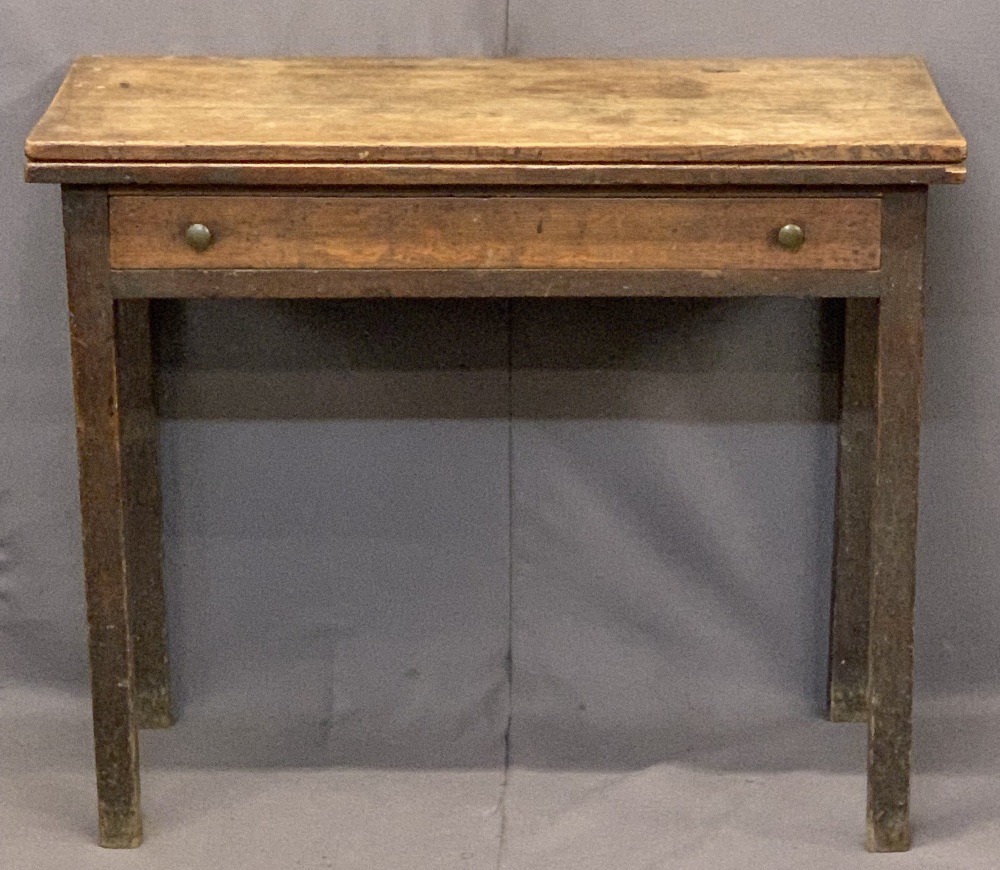 ANTIQUE OAK SINGLE DRAWER FOLDOVER TEA TABLE - on square supports, 74cms H, 90.5cms W, 43cms D