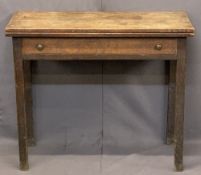 ANTIQUE OAK SINGLE DRAWER FOLDOVER TEA TABLE - on square supports, 74cms H, 90.5cms W, 43cms D