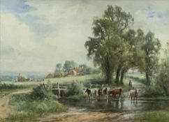 HENRY JOHN KINNAIRD watercolour - pastoral scene with cattle watering and harvesters' haymakers in