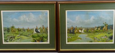 ANTIQUE HUNTING PRINTS, A PAIR, framed, 25 x 36cms