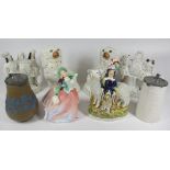 STAFFORDSHIRE FLATBACKS, pair of dogs, Royal Doulton figurine Autumn Breezes HN1911 and two pewter