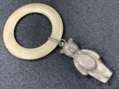 SILVER TEDDY BEAR BABY'S RATTLE WITH TEETHING RING - Birmingham 1933