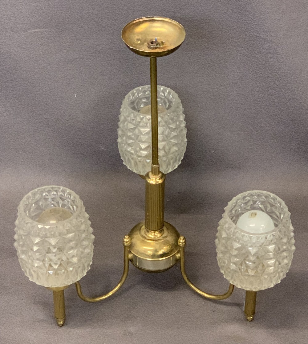 MID-CENTURY BRASS EFFECT THREE BRANCH CEILING LIGHT FITTINGS (3) - each having three raised - Image 5 of 5