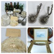 EQUESTRIAN INTEREST - a pair of spurs, also vintage lace items, old soda and beer bottles and a