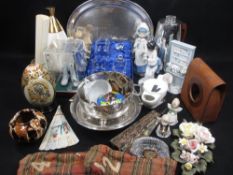MID-CENTURY TYPE COFFEE POT, Royal Brierley glass mantel clock, ornamental eggs and figurines. Also,
