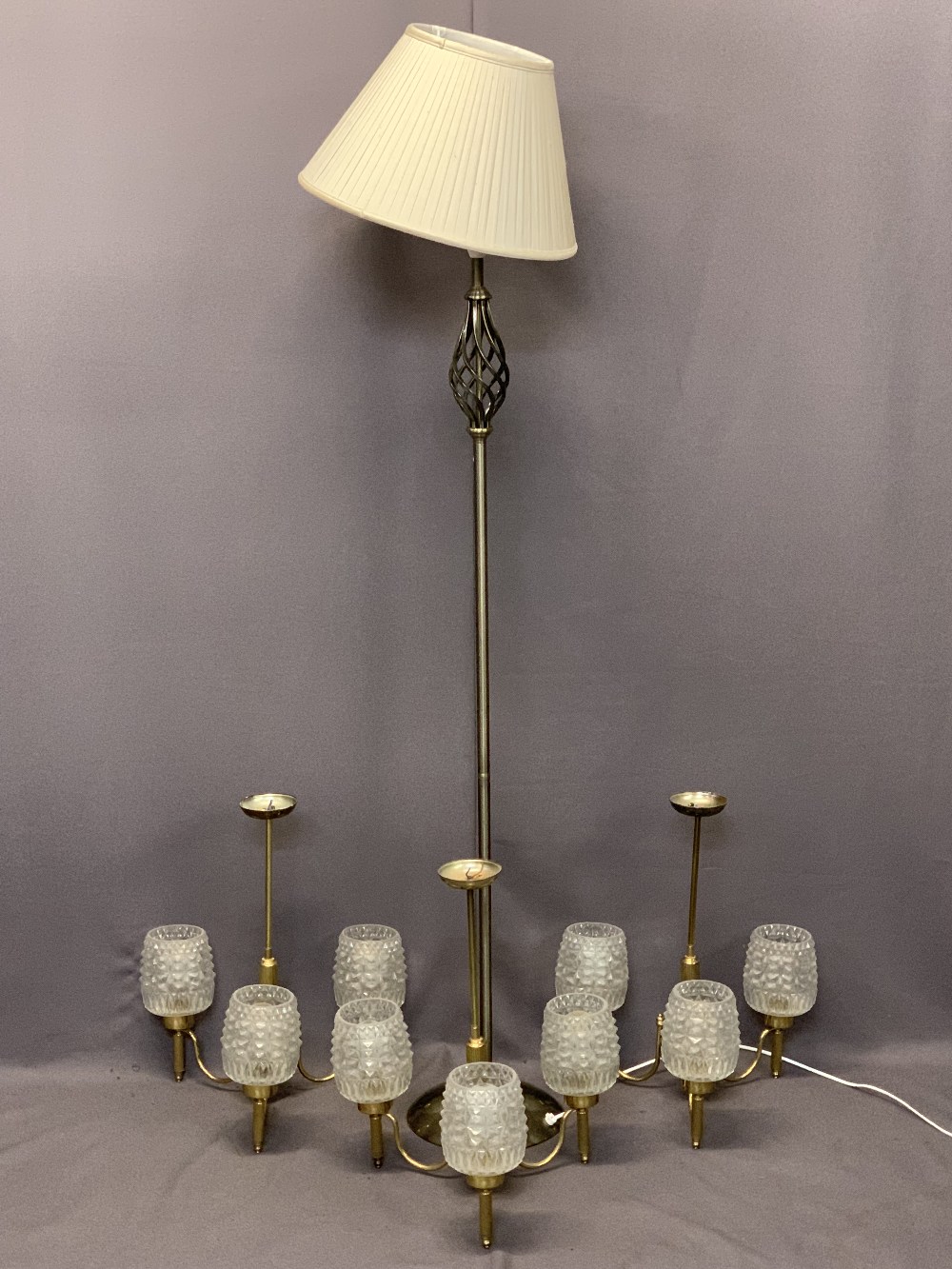 MID-CENTURY BRASS EFFECT THREE BRANCH CEILING LIGHT FITTINGS (3) - each having three raised