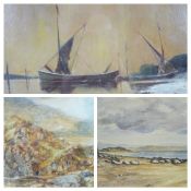 W AYRE oil believed on board - river scene with beached boats etc, signed, 37 x 54cms, MANNER OF